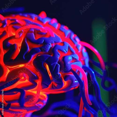Close-up of a human brainmodel with vibrant neuralpathways, symbolizingcognitive response and mentalactivity,ideal for educationaland scientific visual content photo