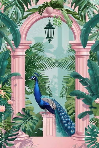  illustration of temple, arch with column, tropical plant, peacock, lantern, floral frame, border for greeting card, flyer, poster or background