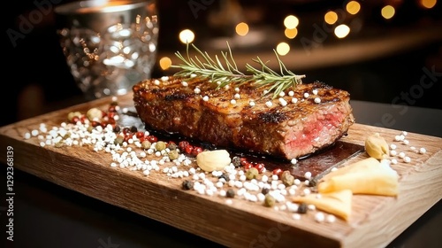 Elegan Dinner, A beautifully plated steak garnished with herbs and spices, served on a wooden board, exuding a rich, savory aroma in a warm, ambient setting.