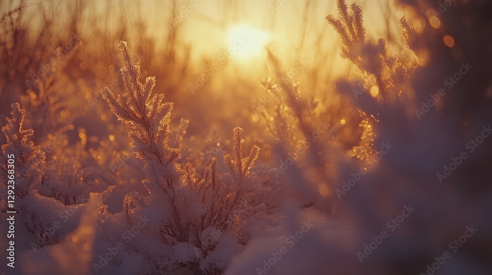 Obraz premium Frosty plants at sunset, winter landscape.