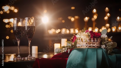 A glamorous scene featuring two champagne glasses beside a crown on a colorful cloth, illuminated by soft candlelight.