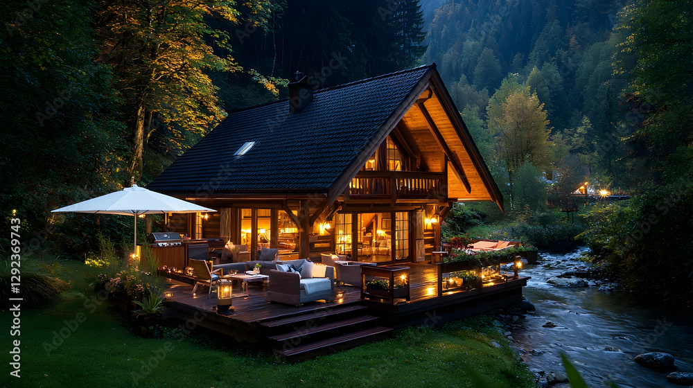 Fototapeta premium Mountain cabin night river view, cozy interior, relaxation