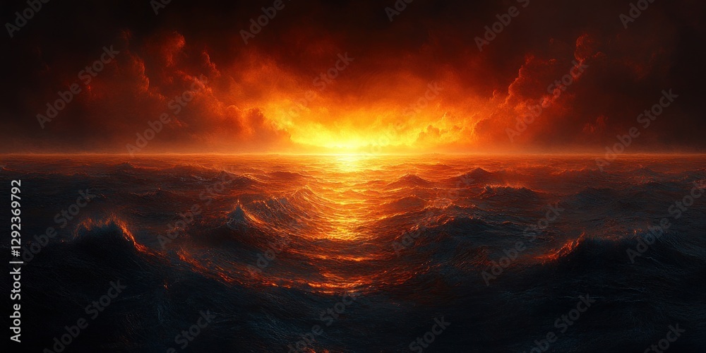 Naklejka premium Surreal Landscape with Glowing Horizon Dramatic Shadows Warm Orange Black Chiaroscuro Wide Angle