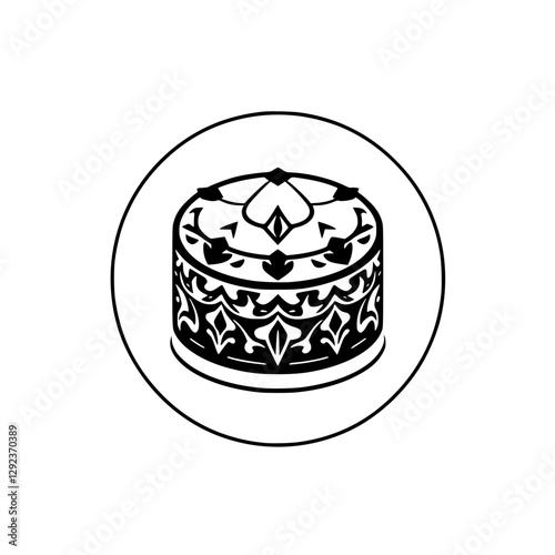 Decorative cylindrical box within a circle, black and white, floral patterns, and symmetrical design.