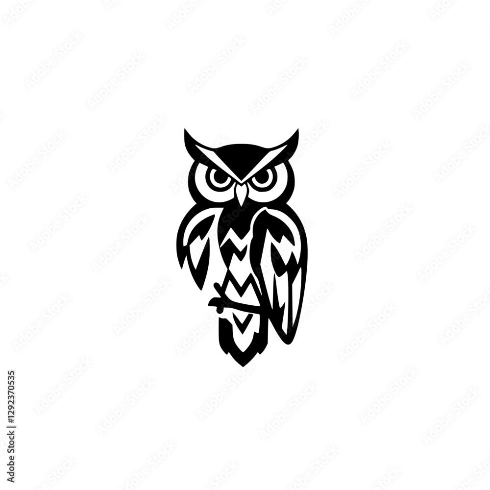 Obraz premium Black stylized owl illustration on white background. Black and white simple graphic art.
