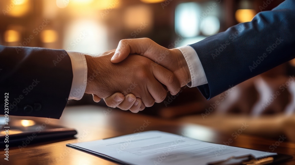 Business agreement signified through a handshake in a modern office setting during late afternoon. Generative AI Business agreement signified through a handshake in a modern office setting during late afternoon. Generative AI