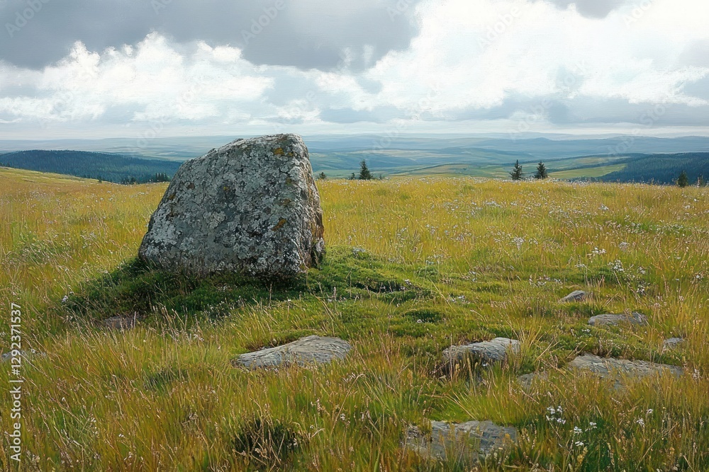 Moss Covered Stone in Grassy Field with Rolling Hills Under Overcast Sky Moss Covered Stone in Grassy Field with Rolling Hills Under Overcast Sky