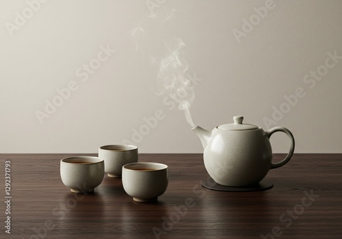 Wallpaper Mural Minimalist tea ceremony setup with ceramic cups and a steaming teapot Torontodigital.ca