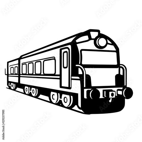 Black and white vector illustration of a diesel train, showing detailed front-side perspective, clean lines, and a modern, stylized appearance.