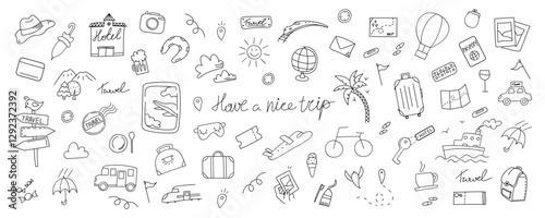 Hand drawn travel icons. Summer, vacation doodle icons. Vector icons