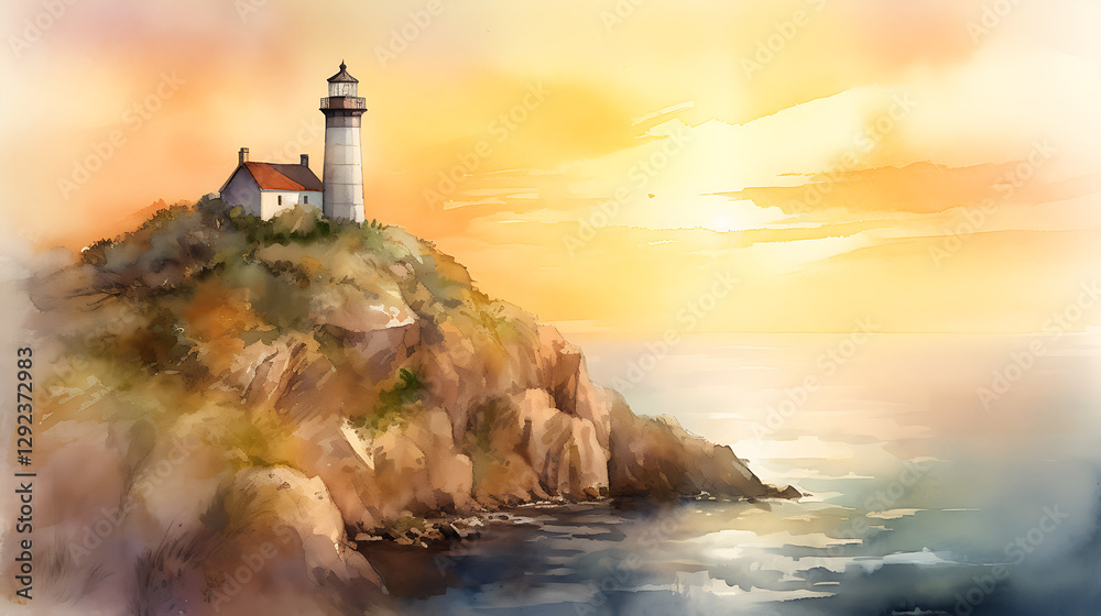 Fototapeta premium A lighthouse is on a rocky cliff overlooking the ocean