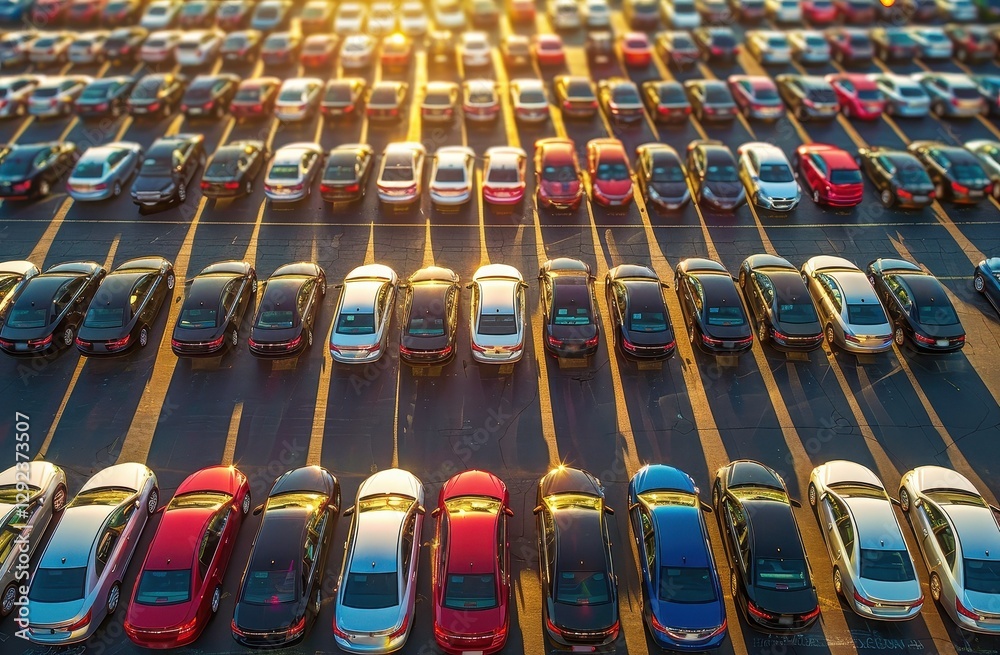 Fototapeta premium Aerial View of a Vast Parking Lot Filled with Cars at Sunset