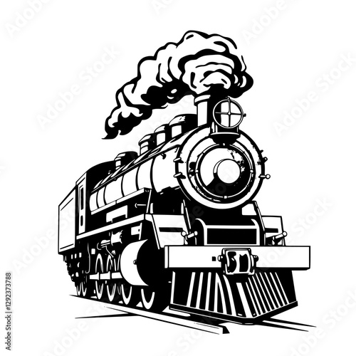Vintage Steam Engine Illustration: A Close-Up View of a Classic Train with Detailed Features, Smoke & White Background.