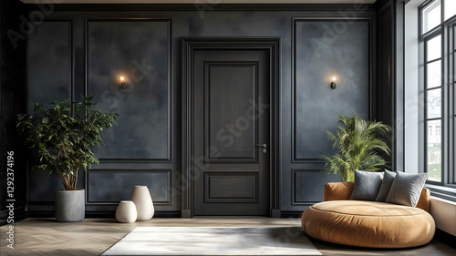 modern interior with modern door historical inspiration living room with door with timeless values smooth textures greywood textures photorealistic