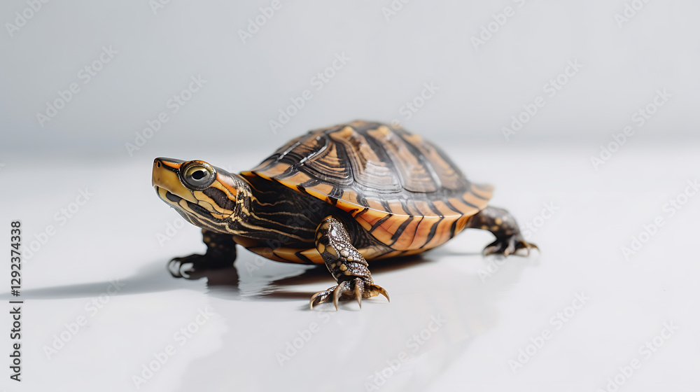 Obraz premium A small turtle is laying on a white surface