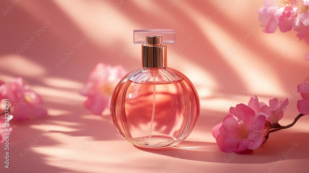 A delicate perfume bottle surrounded by soft pink flowers, exuding elegance and femininity against a warm, muted background. A delicate perfume bottle surrounded by soft pink flowers, exuding elegance and femininity against a warm, muted background.