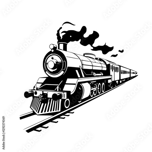 Antique Steam Locomotive, a classic black and white illustration of a steam train, running along a single railway track, with smoke.