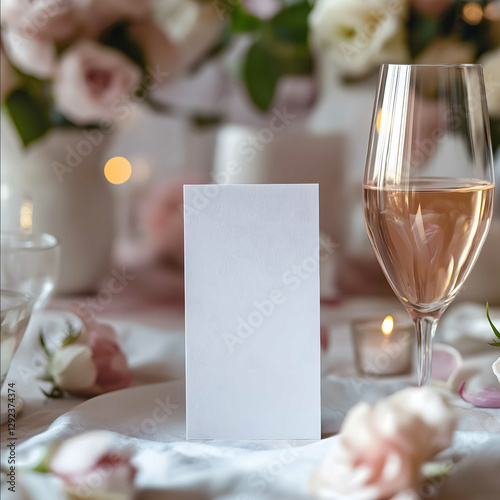 a blank white menu card mockup size is 4 by 8 inches during a valentines day party at a dinner table with rose and roses coquette theme with white decorations an