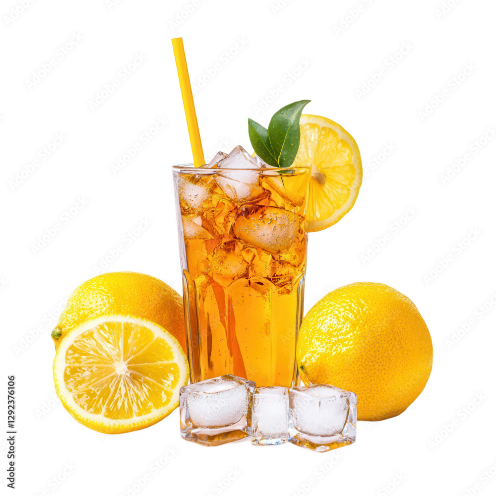 Refreshing iced tea drink with lemon slices and ice cubes on a bright, inviting background perfect for summer gatherings or outdoor events Refreshing iced tea drink with lemon slices and ice cubes on a bright, inviting background perfect for summer gatherings or outdoor events