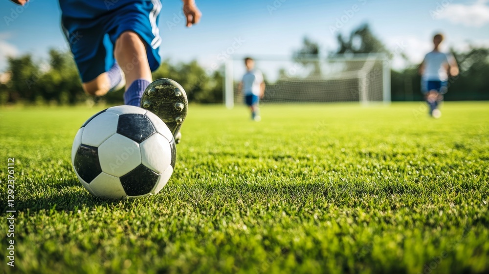 Fototapeta premium Young boy kicking soccer ball outdoor field action shot bright day closeup view childhood joy