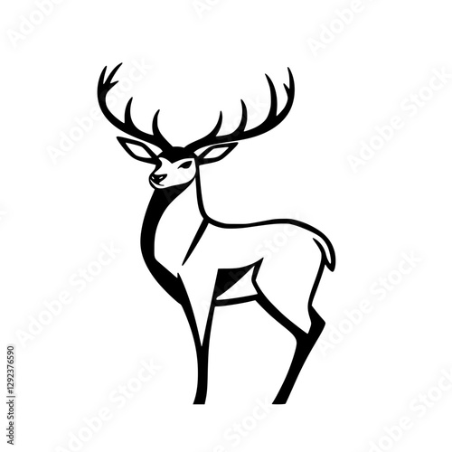Elegant Black and White Deer Illustration with Antlers on White Background
