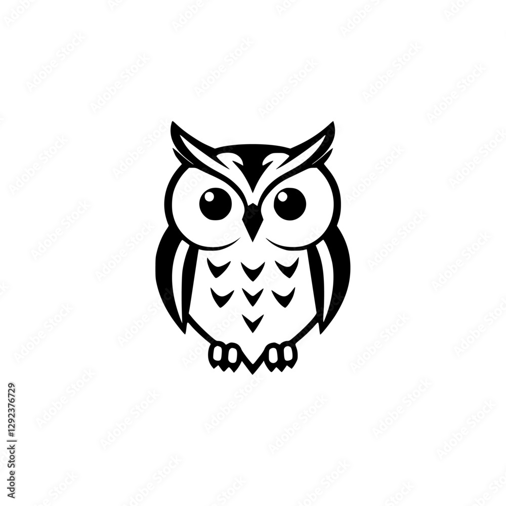 Fototapeta premium Black and White Cartoon Owl Illustration. Simple, minimal, and stylized.
