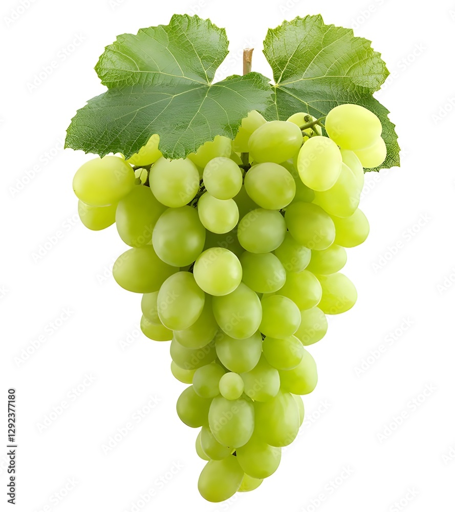 Obraz premium Fresh Green Grapes Bunch with Leaves - Healthy Fruit Isolated