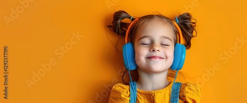 A happy young girl wearing headphones against a vibrant orange background, enjoying music with eyes closed and peaceful expression