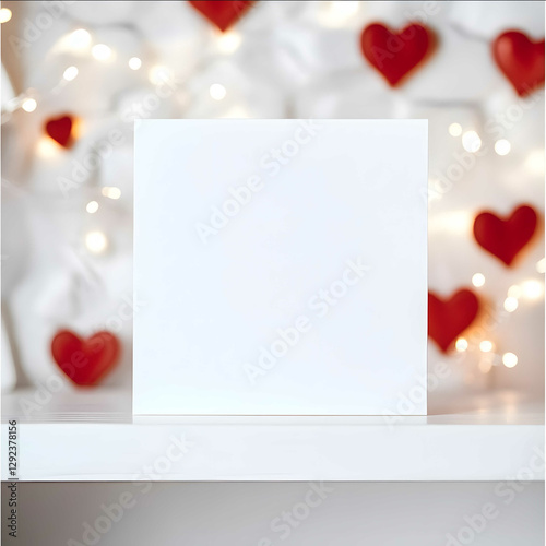 a mock up for a square white greeting card It sits on a white shelf and the background is white with red heart accents bokeh and twinkling lights The card is pro