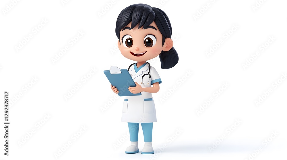 Cheerful cartoon nurse with clipboard healthcare setting art bright background friendly perspective