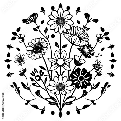 A symmetrical floral design composed of various flowers and leaves in a circle.