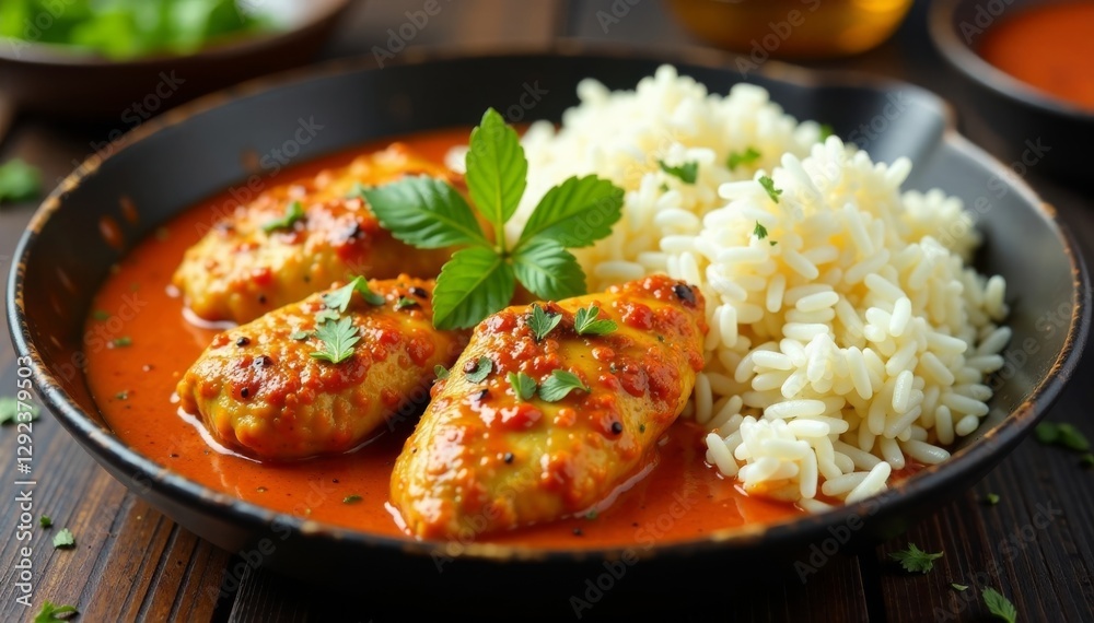 Pan-seared chicken tikka masala with butter and steaming rice, spicy, comforting Pan-seared chicken tikka masala with butter and steaming rice, spicy, comforting