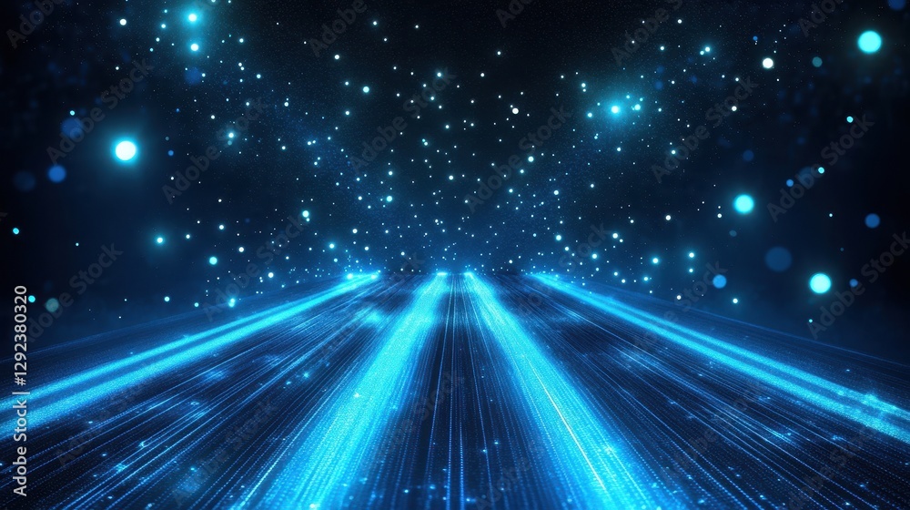 Obraz premium Abstract Blue Glowing Particle Background with Dynamic Light Rays and Sparkling Effects