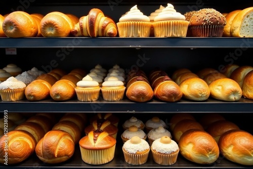 Rows of assorted baked goods including croissants muffins bread and cakes on a supermarket shelf, baked goods, desserts