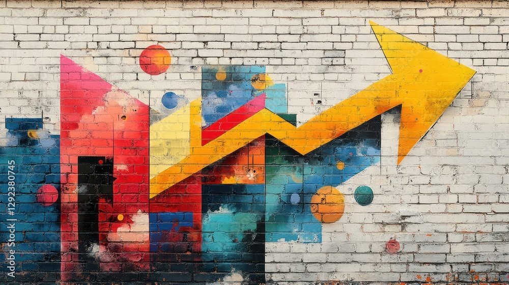 Fototapeta premium Professional Development Mural on White Brick Wall with Upward Arrow and Office Supplies