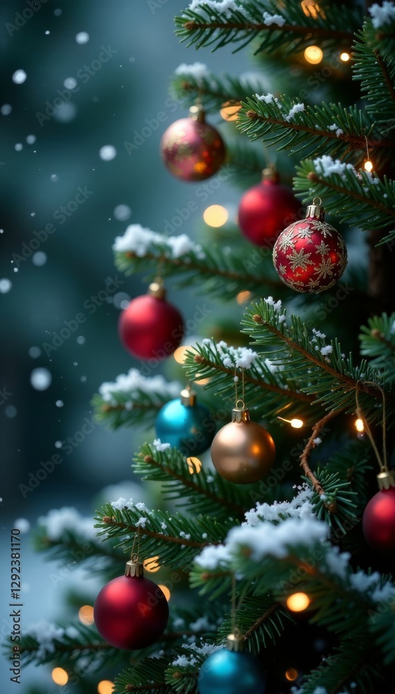 Naklejka premium Snowflakes gently falling on a Christmas tree, serene, festive