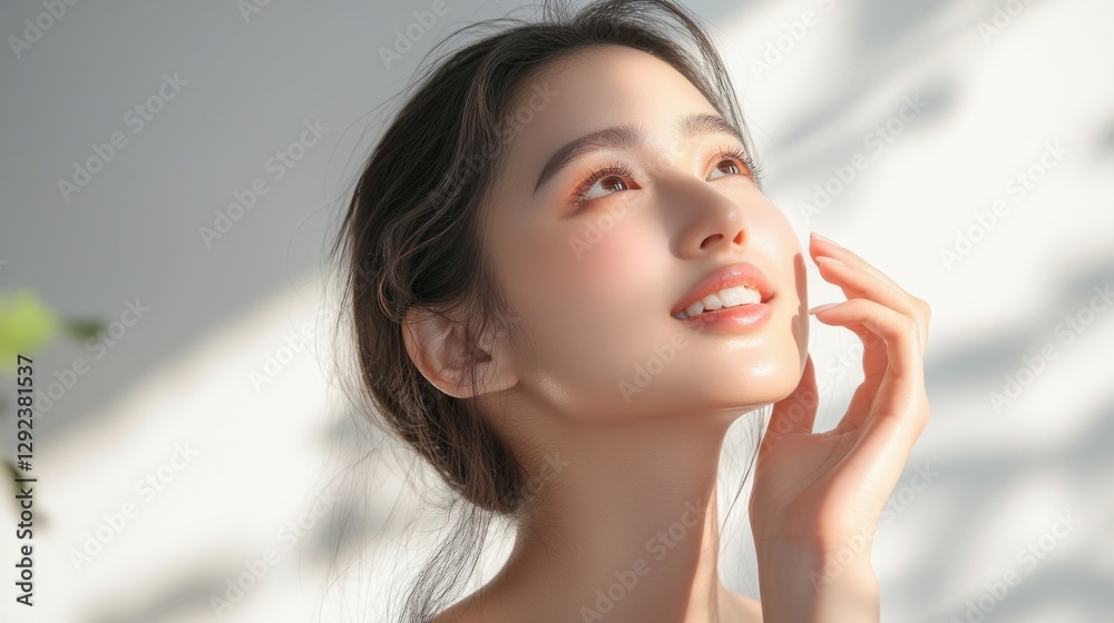 Radiant Young Woman Smiling Under Soft Natural Light Radiant Young Woman Smiling Under Soft Natural Light