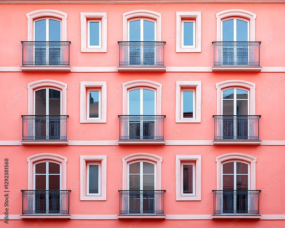 Fototapeta premium Pink apartment building facade with balconies