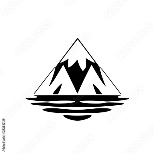 Geometric illustration of a mountain range reflected on water, in black and white.