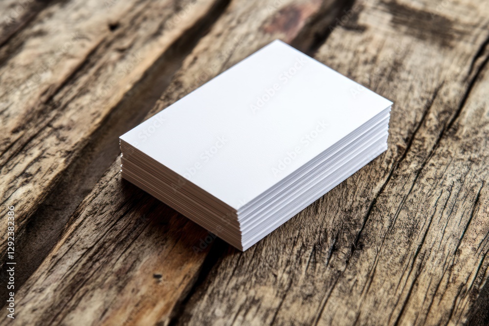 Fototapeta premium Stack of pristine white cards poised atop a weathered wooden surface presenting a blank canvas