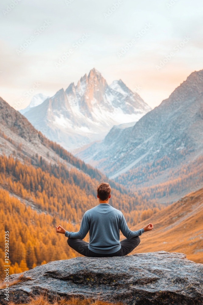 Man meditates on mountaintop, serene autumn landscape. Peaceful moment of mindfulness. Man meditates on mountaintop, serene autumn landscape. Peaceful moment of mindfulness.