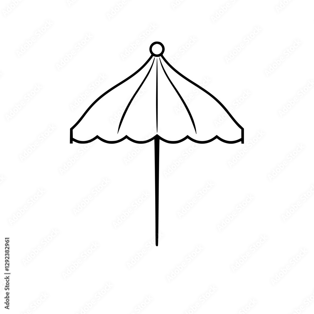 Beach Umbrella Outline: Black and white, minimalistic design of an umbrella on a white background. Beach Umbrella Outline: Black and white, minimalistic design of an umbrella on a white background.