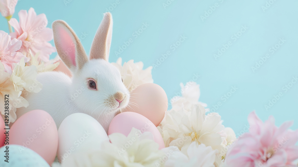 Fototapeta premium White bunny with pastel Easter eggs and spring flowers on a light blue background
