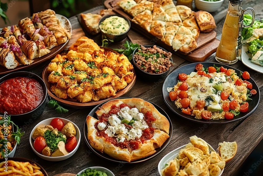 Gourmet Meal Setup with International Dishes on Rustic Table Gourmet Meal Setup with International Dishes on Rustic Table