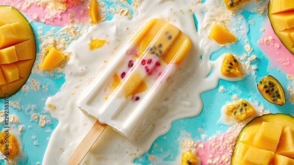 Fototapeta premium A refreshing mango popsicle melting on a colorful surface is seen