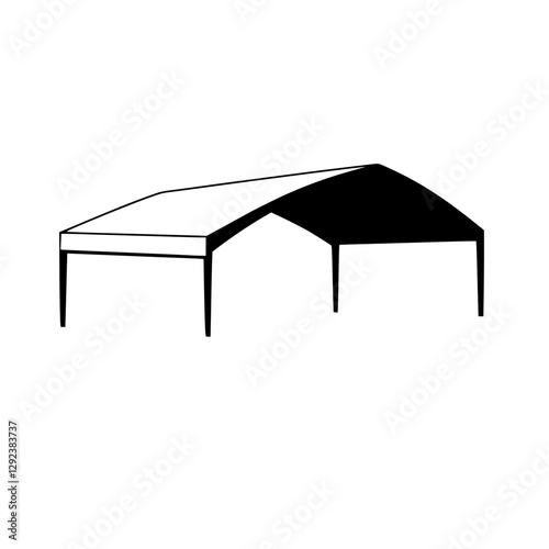 Minimalist black and white illustration of a carport, showing shadows and form, abstract.