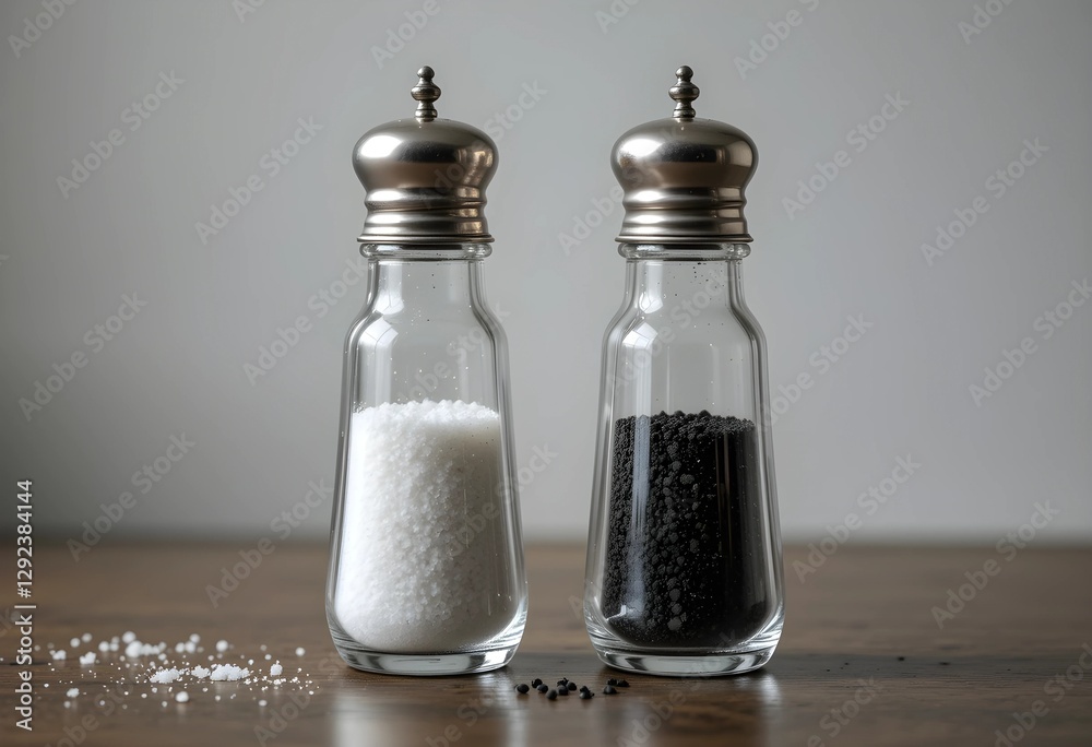 A pair of classic salt and pepper shakers on a tabletop. Transparent glass with metal tops, filled with white salt and black pepper. Soft lighting highlights their texture against a neutral background A pair of classic salt and pepper shakers on a tabletop. Transparent glass with metal tops, filled with white salt and black pepper. Soft lighting highlights their texture against a neutral background