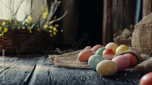 Dark rustic Easter scene with colorful speckled eggs on a wooden surface photo