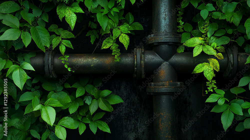 Industrial and nature fusion background with pipes and green vines Industrial and nature fusion background with pipes and green vines