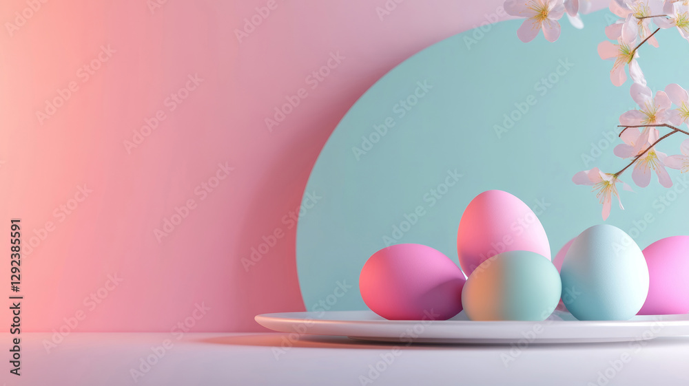 Pastel Easter eggs on a white plate with cherry blossoms, pink and blue background Pastel Easter eggs on a white plate with cherry blossoms, pink and blue background